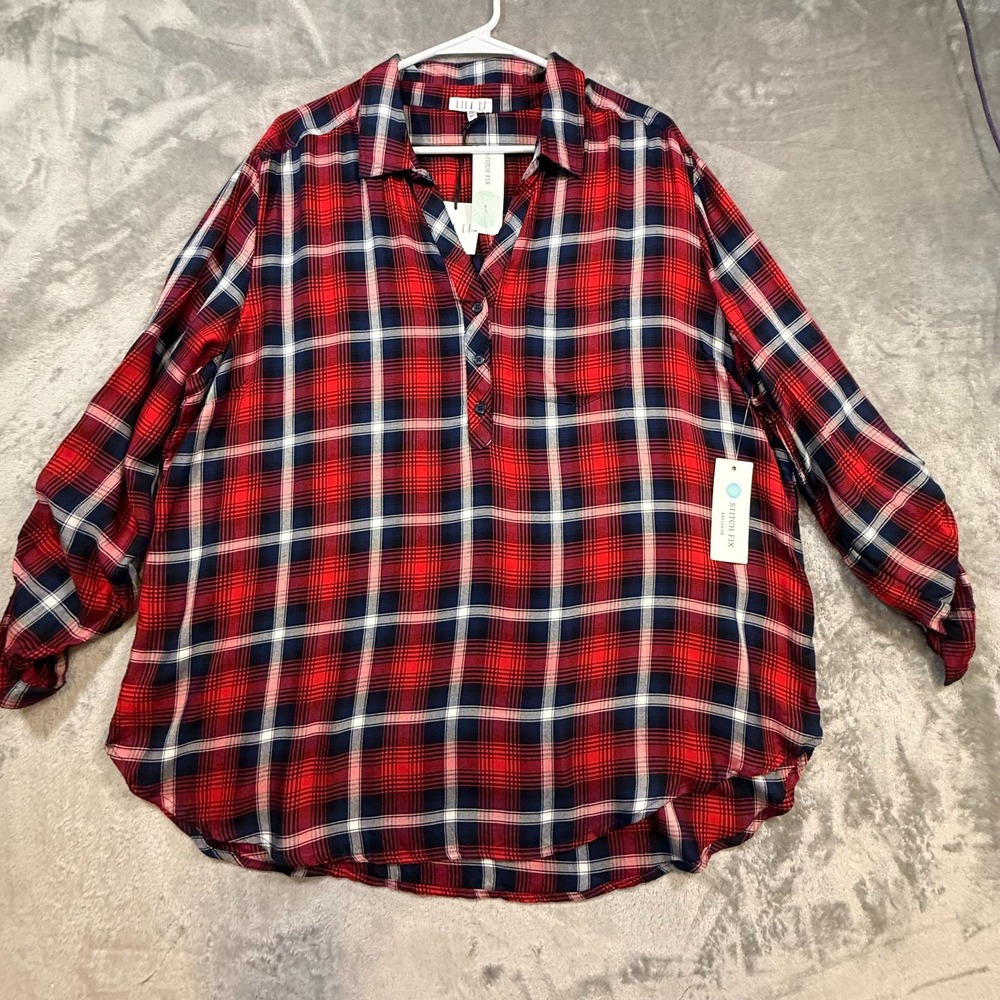 NWT Lila Li Catena Henley Top XXL Red Navy Plaid Button Front Collared Blouse